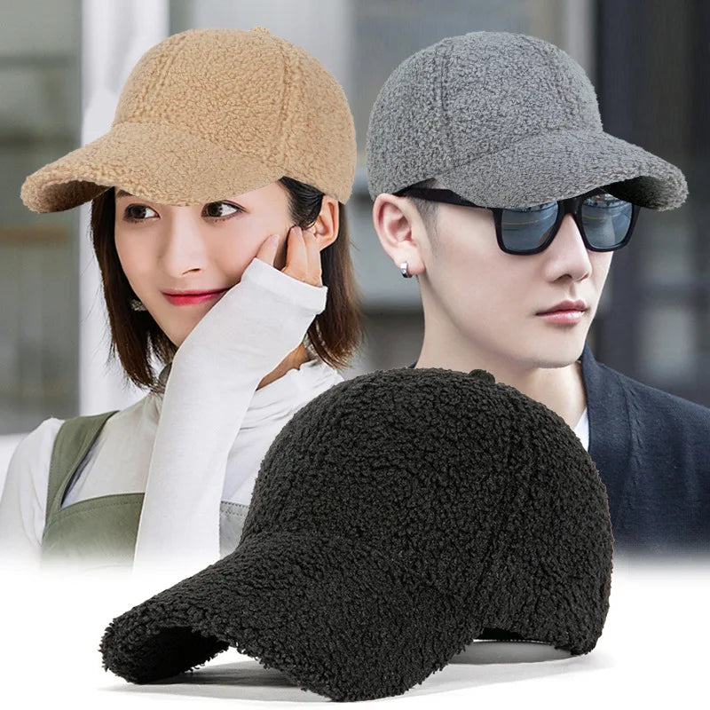 New Winter Women Baseball Cap Men Artificial Lamb Wool Duck Tongue Hats Plush Thickened Warm Fashion Solid Velvet Sunshade Hat