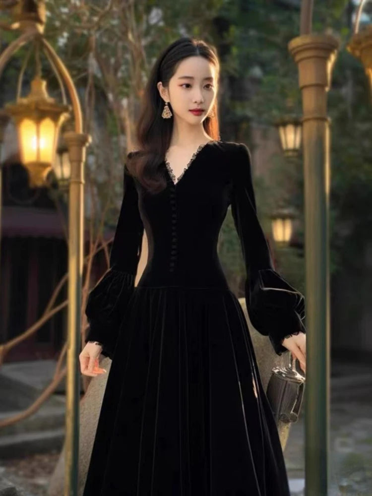 OCEANLOVE 2024 Spring Autumn Women Dresses Velvet Hepburn Style Solid Lantern Sleeve Vestidos Mujer French Vintage Long Dress