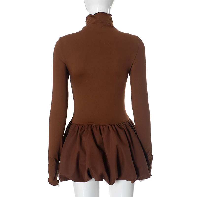 CUTENOVA 2024 Women'S Autumn And Winter New High Neck Long Sleeve Waisted Pod Short Skirt Slim Patchwork Dresses Elegant Lady