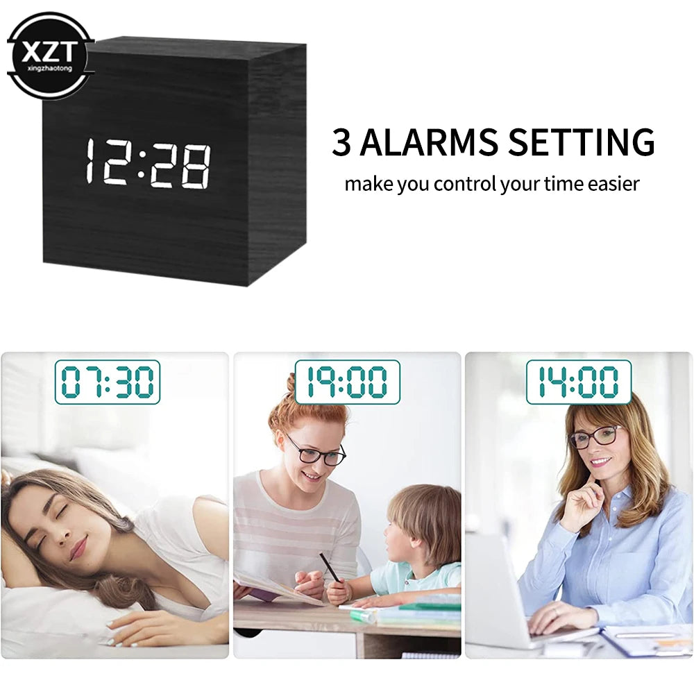 Fashion Alarm Clock LED Wooden Watch Table Voice Control Digital Wood Despertador USB/AAA Powered Electronic Desktop Clocks