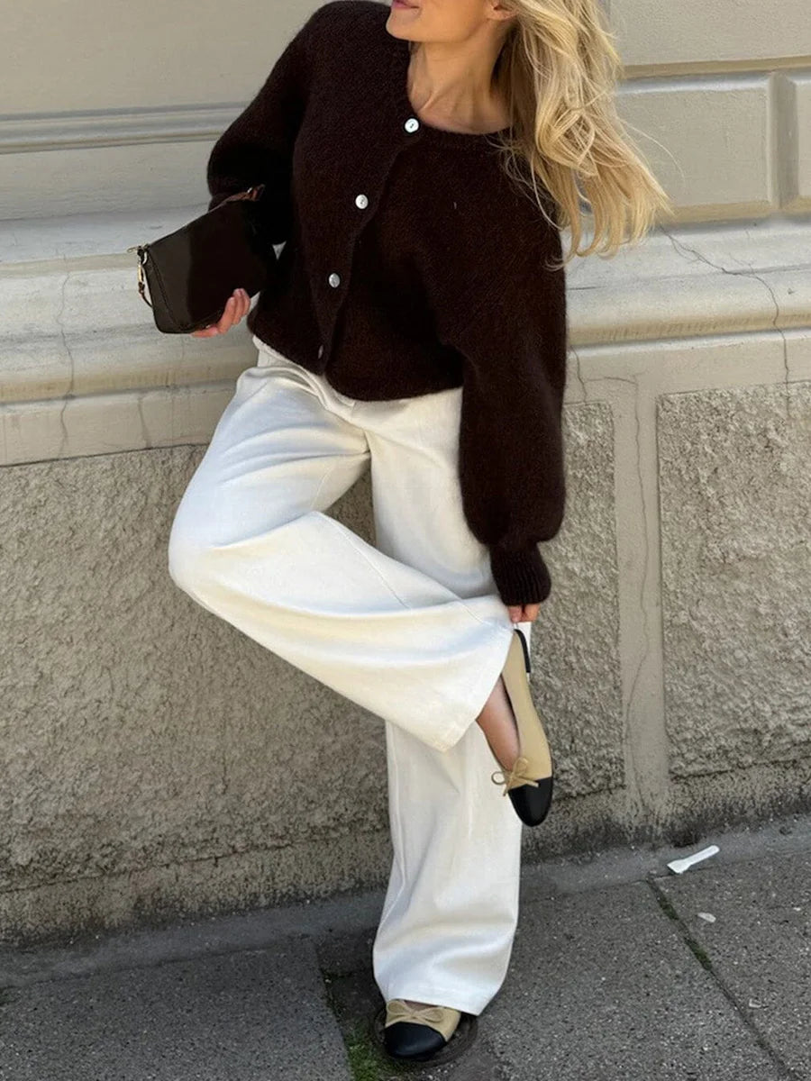 Combhasaki Women's Y2K Chic Solid Color Fuzzy Loose Cardigan Long Sleeve Button Down Round Neck Sweater Soft Knit Tops Outerwear