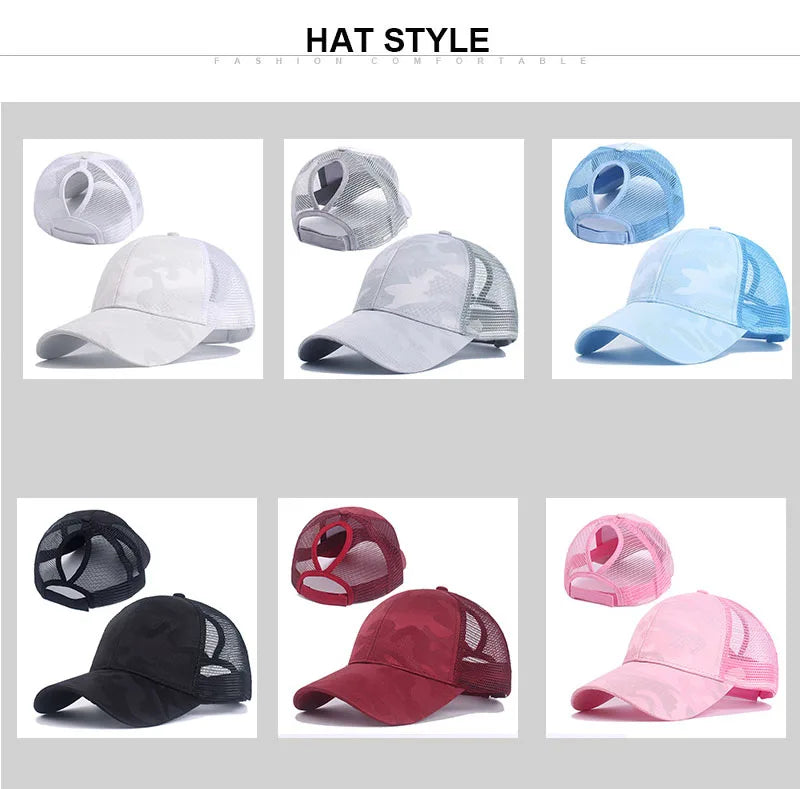 2024 New Summer Camouflage Mesh Trucker Hat Snapback Cap Chapeau Femme Fashion Messy Hair Bun Ponytail Baseball Caps for Women