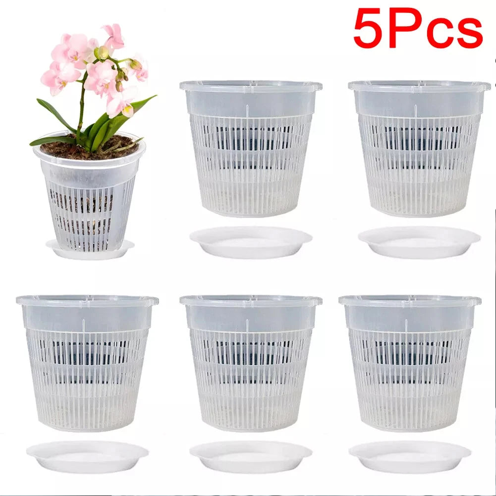 5pcs Orchid Pot With Saucers Plastic Clear Flower Plant Repotting Pot With Holes Mesh Pot Root Control Orchid Flower Breathable