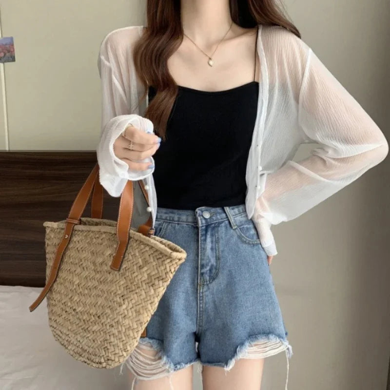 Fairy Style Solid Cardigan Women Summer New Long Sleeve Sunscreen Sweet Beading V-neck Basics Loose Chiffon Cardigana