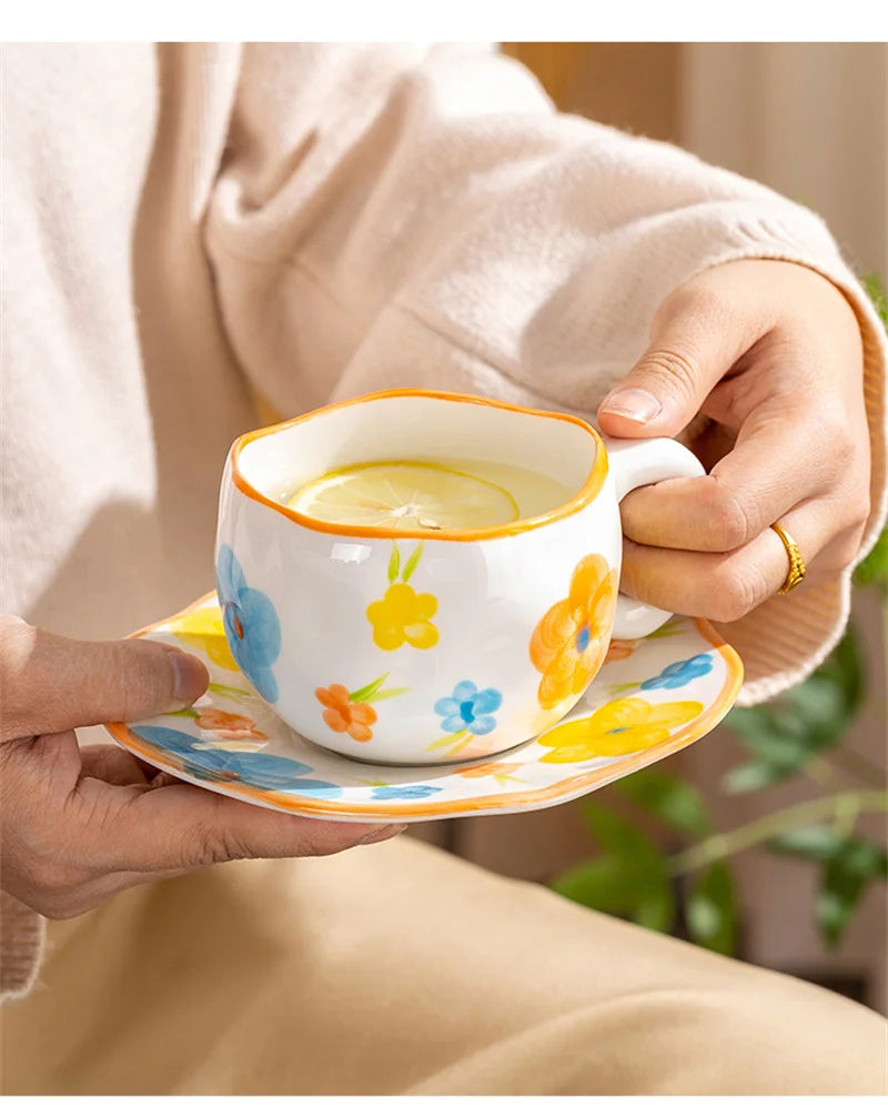 300ML Creative Hand Pinched Irregular Flower Ceramic mug Handmade Coffee Cup Breakfast Milk Afternoon tea cups Korean Style Mugs