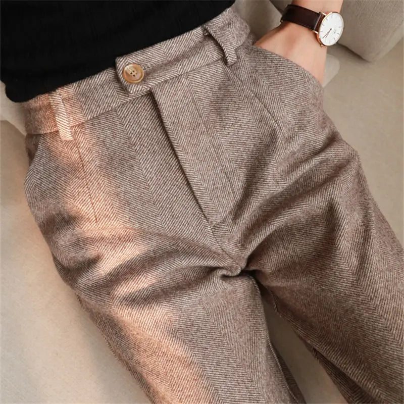 2024 Autumn Winter Workplace High Waisted Casual Suit Pants Office Lady Women Trousers Woolen Pants Women's Harem Pencil Pants