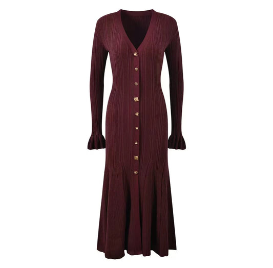 Knitted Mid-Length Dress 2024 New Women Long Sleeve Ribbed Party Dresses Elegant Lady Knitwear 5240175