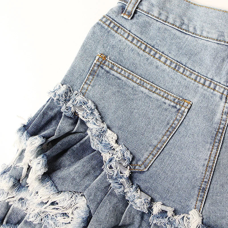 CHICEVER Casual Blue Shorts For Women High Waist Patchwork Ruffles Pockets Asmmetrical Slim Short Pant Female 2021 Summer New