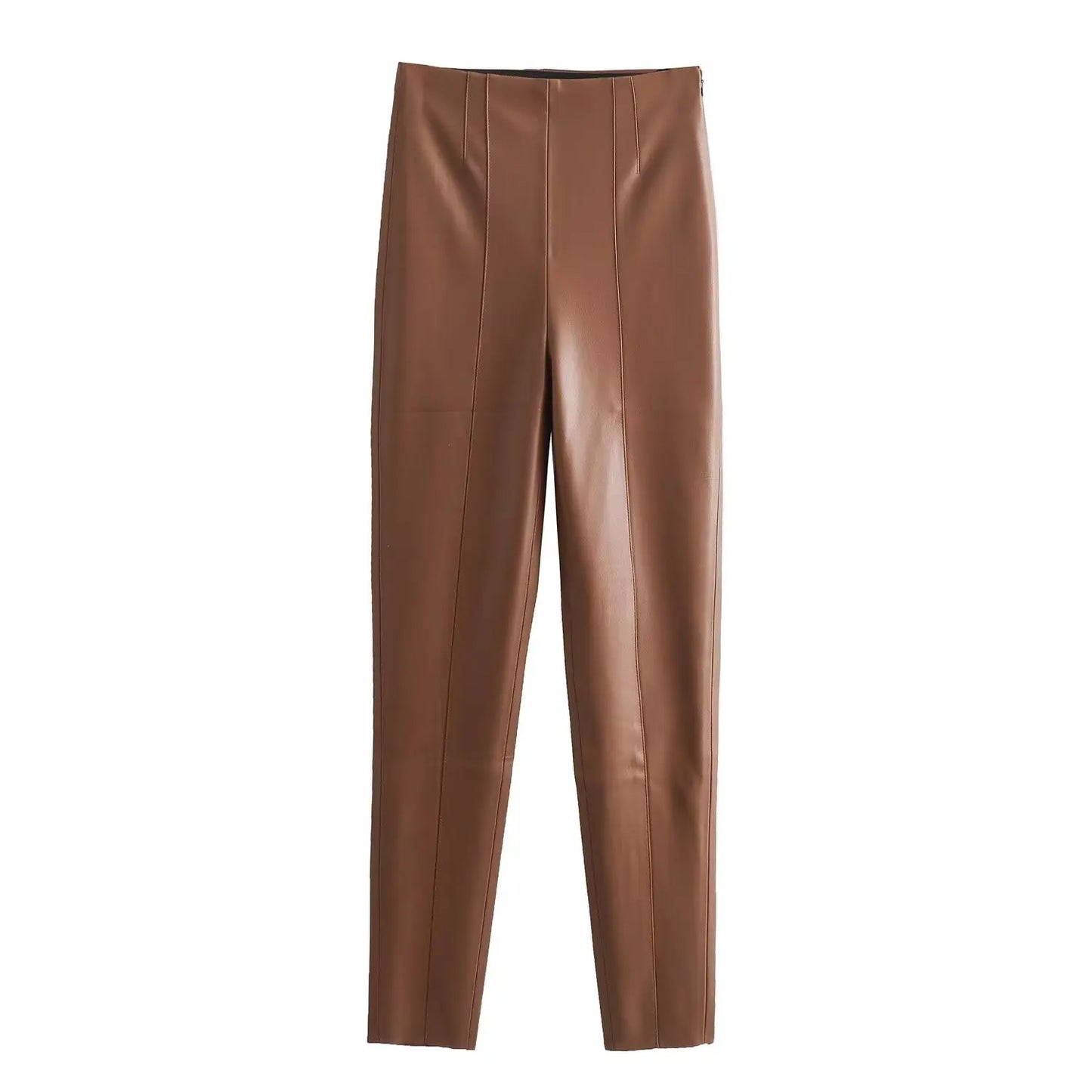TRAFZA 2024 Women Stylish Stretch Pants Streetwear Solid High Waist Ladies PU Faux Leather Pencil Trousers Full Length Bottoms