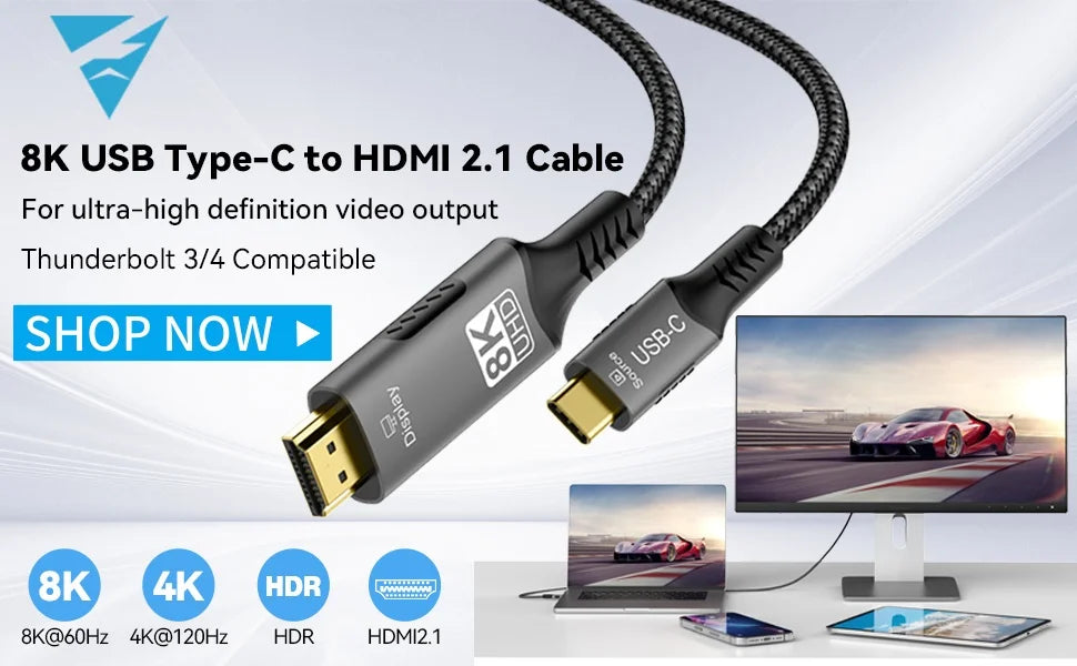 FDBRO USB Type C to HDMI 2.1 Cable Adapter 8K@60Hz,4K@60Hz 6FT Aluminum Type-C to HDMI Braided Cord for Laptop Tablet Galaxy S24