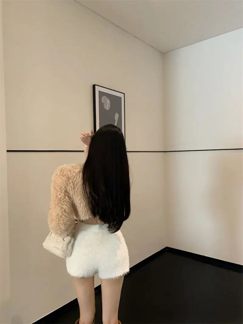 Warm Fluffy Shorts for Women High Waist Autumn Winter Korean Style Fashion Elegant Hot Sweet Female All-match Street Wear Mujer