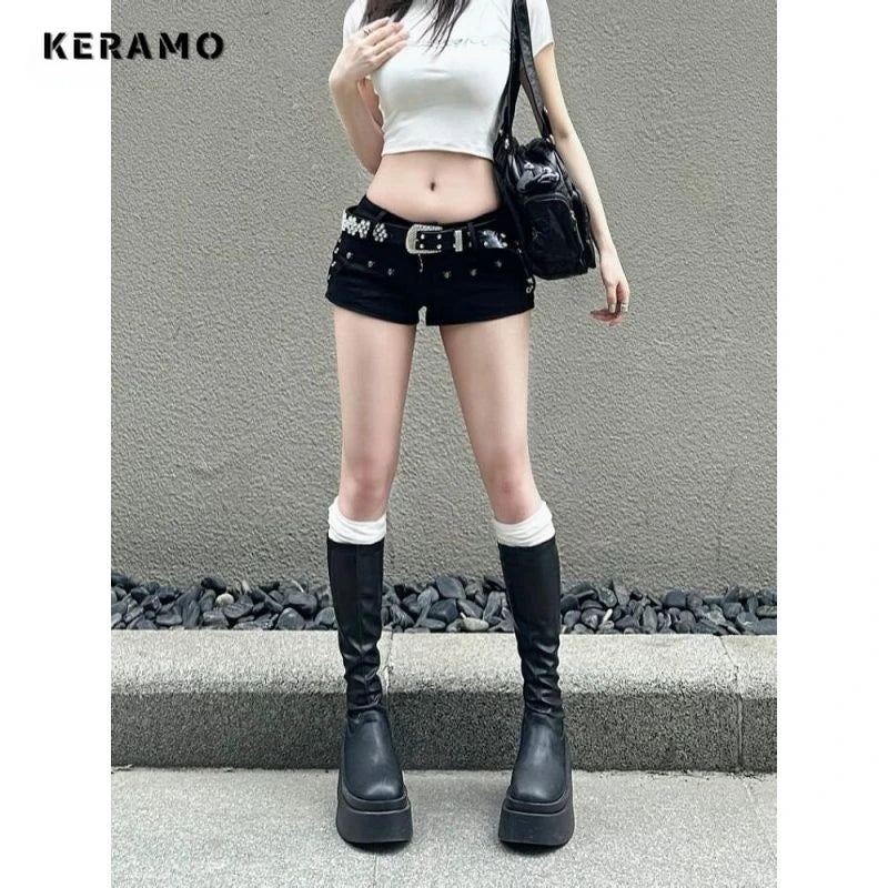 Hotsweet High Waist 2000S Black Sheath Slim Fit Y2K Denim Shorts Women's Fashion Casual Sexy Street Harajuku Style Shorts