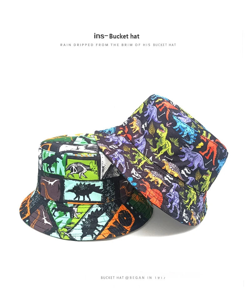 Bocca Cartoon Dinosaur Bucket Hat Children Boys Kids Fisherman Hats Pattern Double Sides Panama Cap Summer Outdoor Sunscreen Cap
