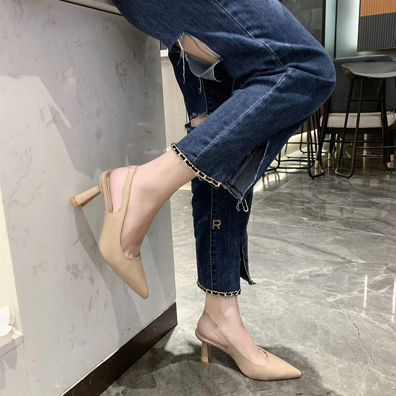 Summer Fashion New Pointed Toe Stiletto Heel Shallow Mouth Breathable PU Comfortable and Elegant Women's Shoes Sexy Sandals