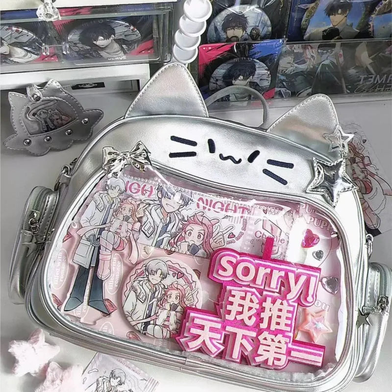 New Y2K Korean Kawaii Cat Ita Bag Cute PU Shoulder Bag Girls Transparent Pocket Harajuku Crossbody Bag Women's Fashion Backpacks