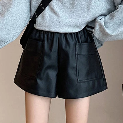 Shorts Women Ulzzang Chic Elastic Waist Pockets Loose Simple Pure Black Trendy Ins PU Leather Fall Casual 3XL Female All-match