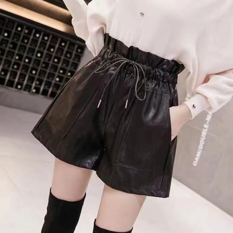Shorts Women Ulzzang Chic Elastic Waist Pockets Loose Simple Pure Black Trendy Ins PU Leather Fall Casual 3XL Female All-match