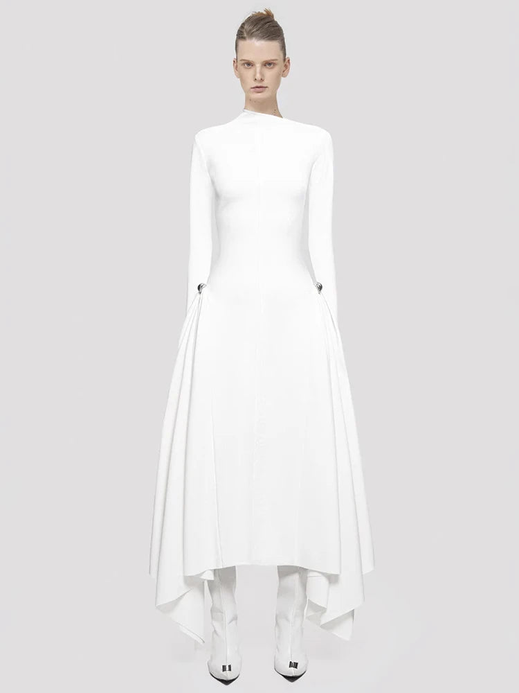 DEAT Elegant Dress Skew Collar Long Sleeves Waist Retraction Solid Color Asymmetric Hem Women's Dresses 2024 Autumn New 13DL7990