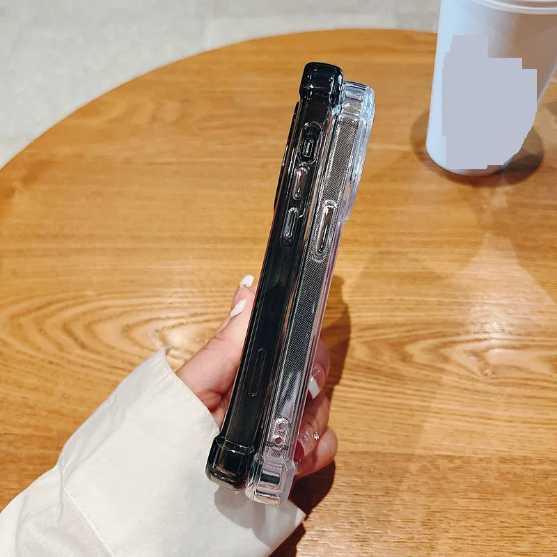 Shockproof Phone Case for iPhone 11 12 13 14 15 16 Pro Max Plus Transparent Bumper Acrylic Hard Back Cover Silver Button