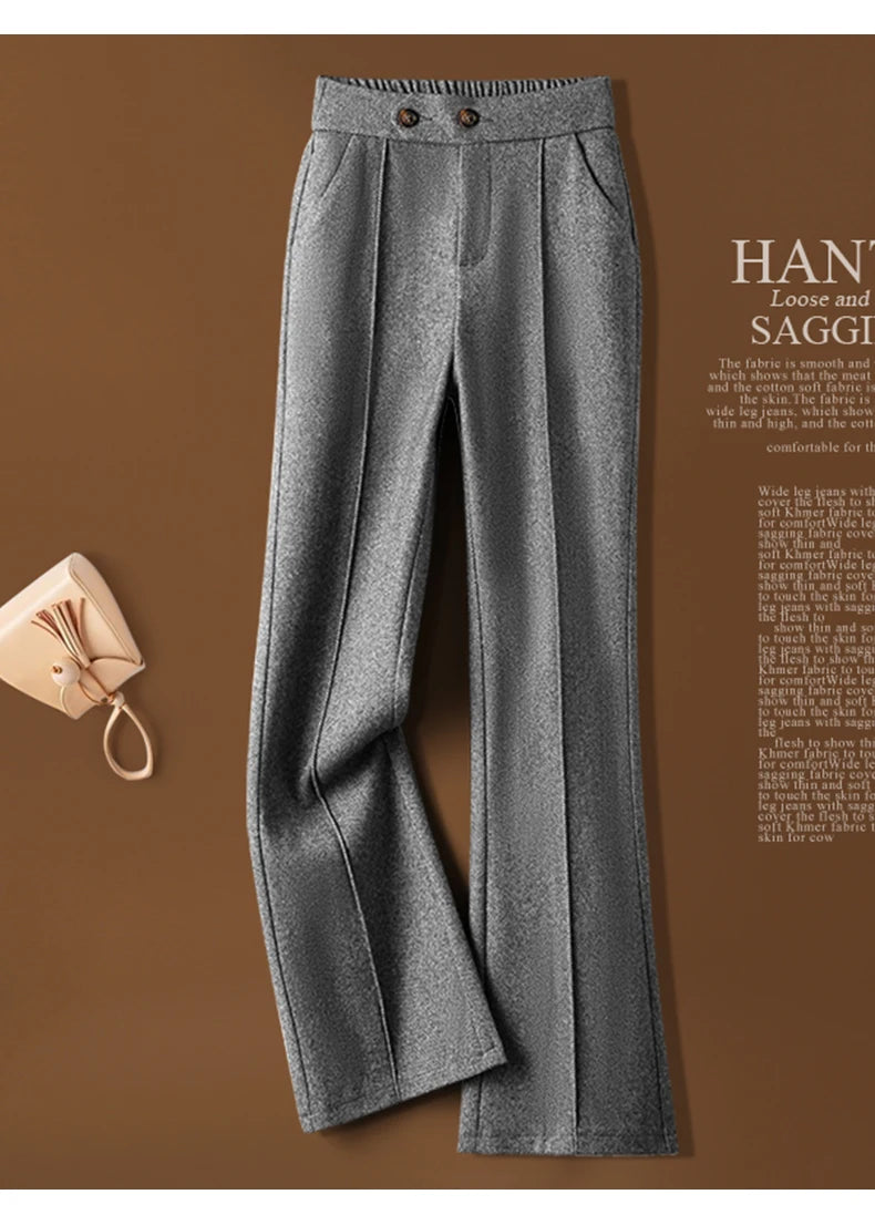 Herringbone Woolen Women's Pants Autumn and Winter 2024 New Elastic Waist Flare Pants Fashion Warm Comfort Black Trousers Women