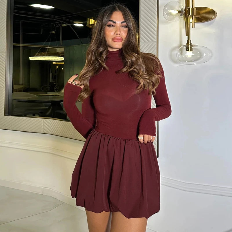 CUTENOVA 2024 Women'S Autumn And Winter New High Neck Long Sleeve Waisted Pod Short Skirt Slim Patchwork Dresses Elegant Lady