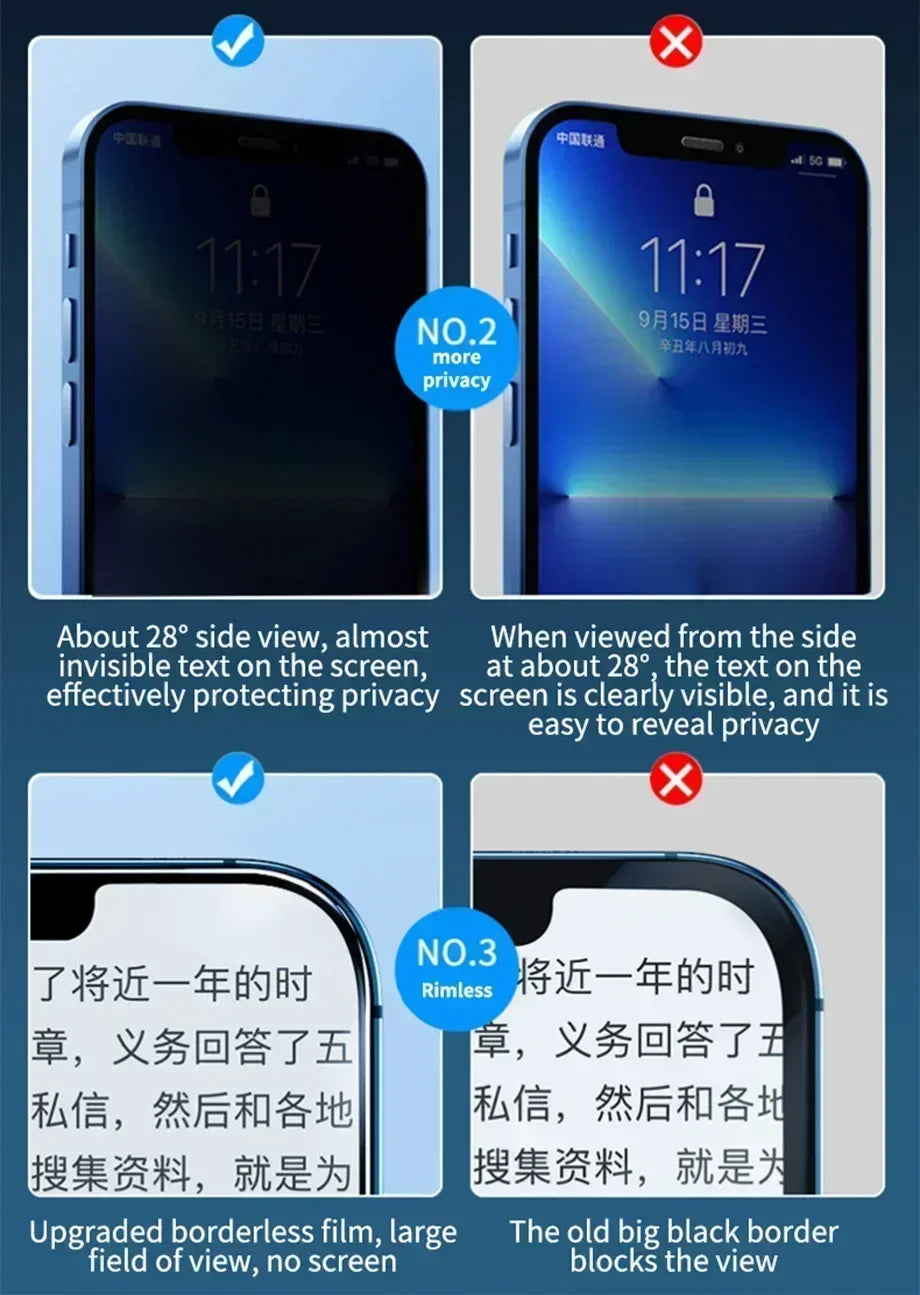 4Pcs Full Cover Privacy Screen Protector For iPhone 11 12 13 14 15 16 Pro Max Anti-spy Glass For iPhone 14 15 16 Plus Glass