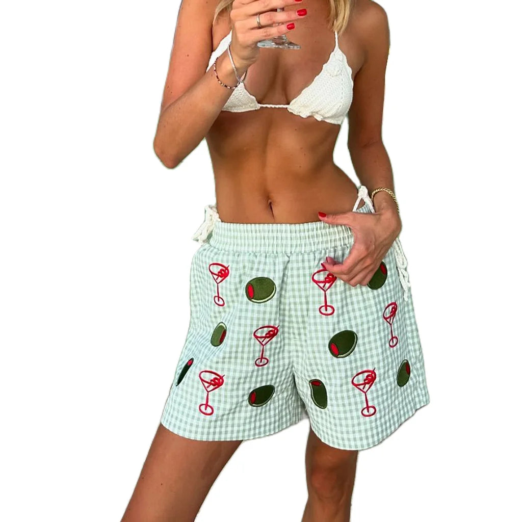 Combhasaki Womens Summer Y2K Plaid/Stripe Loose Fit Shorts Aesthetic Glass/Animal Elastic High Waist Wide Leg Loungewear Bottoms