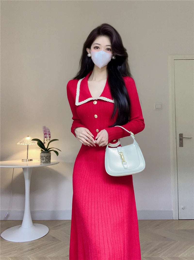New Women French Knitted Dress Autumn Winter Slim A-line Lapel Casual Knitted Dresses Ladies Elegant Long Sleeve Midi Dress