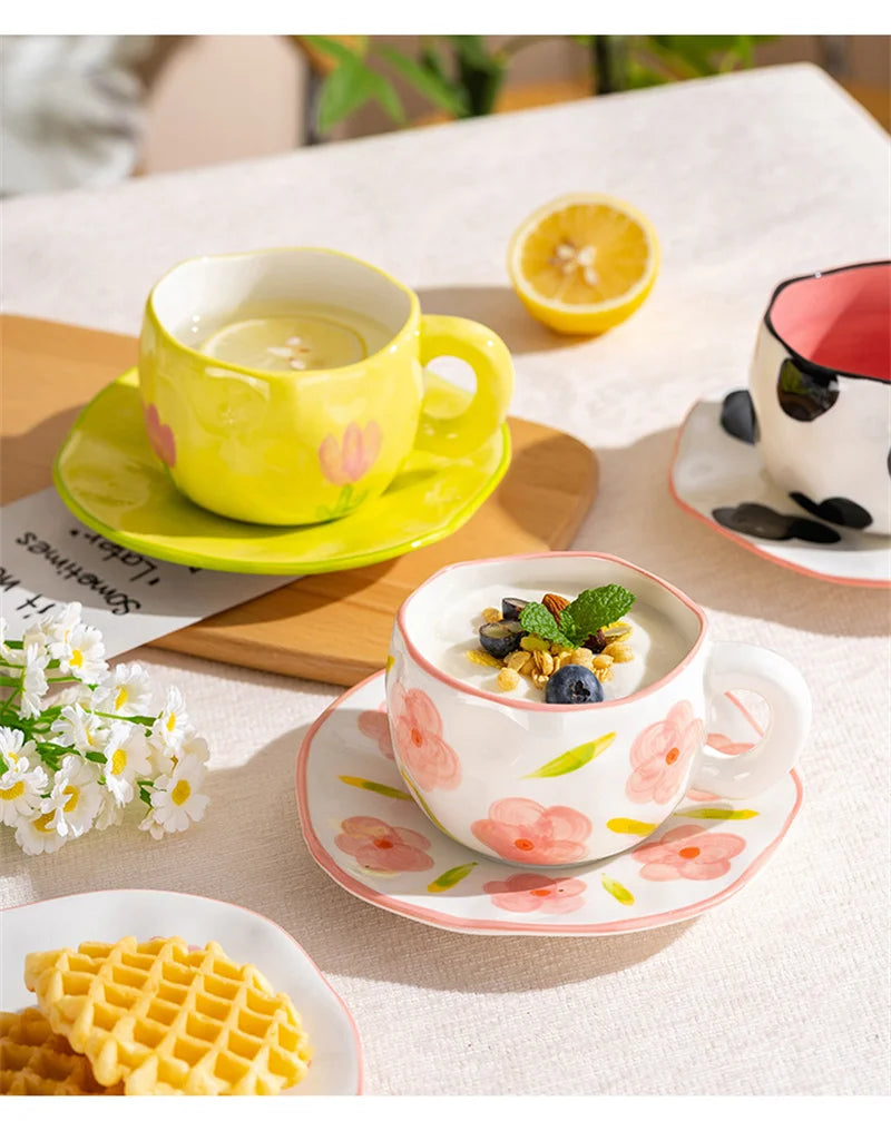 300ML Creative Hand Pinched Irregular Flower Ceramic mug Handmade Coffee Cup Breakfast Milk Afternoon tea cups Korean Style Mugs