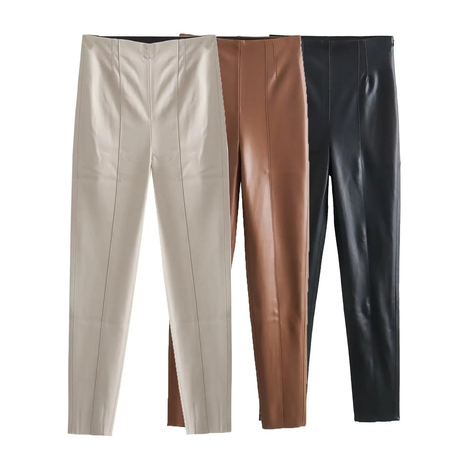 TRAFZA 2024 Women Stylish Stretch Pants Streetwear Solid High Waist Ladies PU Faux Leather Pencil Trousers Full Length Bottoms