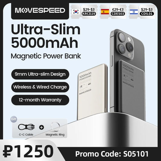 MOVESPEED S05 Magnetic Power Bank 5000mAh 20WPD Wireless Powerbank Slim Portable Battery Charger for iPhone 16 15 Samsung 24 23