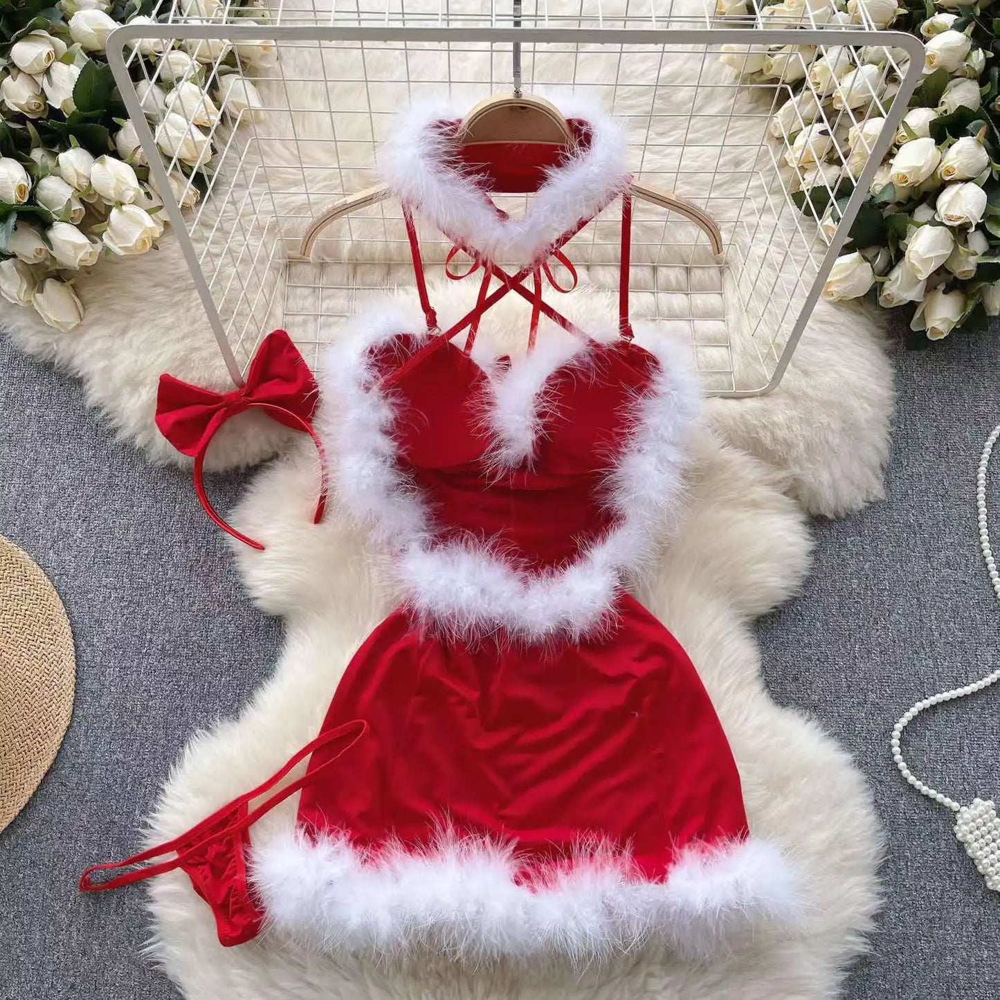 Christmas Sexy Night Dress Hotsweet Women's Dress Plush Splice Slim Bodycone Red Dress Cross Strap Halter Neck Party Short Dress