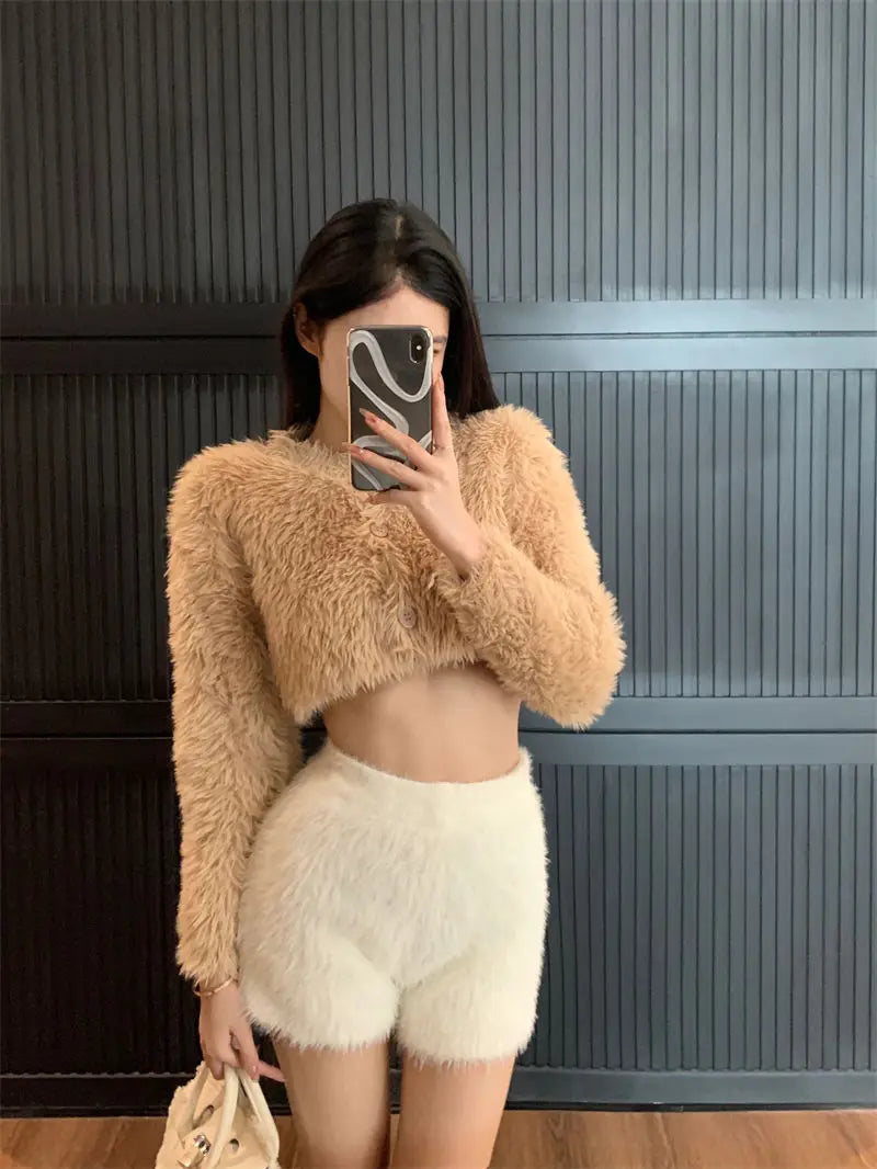 Warm Fluffy Shorts for Women High Waist Autumn Winter Korean Style Fashion Elegant Hot Sweet Female All-match Street Wear Mujer