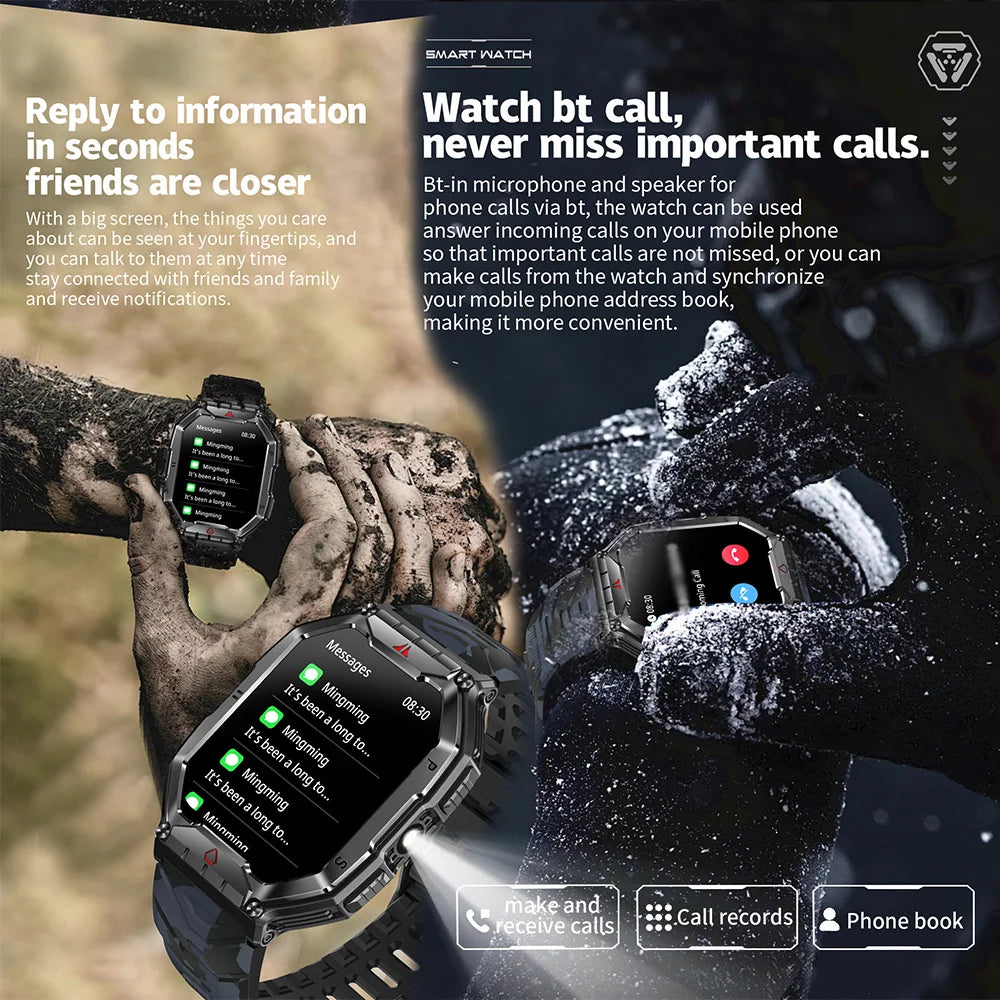 2024 New Rugged Military With LED Flashlight Smart Watch Men Heart Rate Bluetooth Call Waterproof Outdoor SmartWatch For Xiaomi