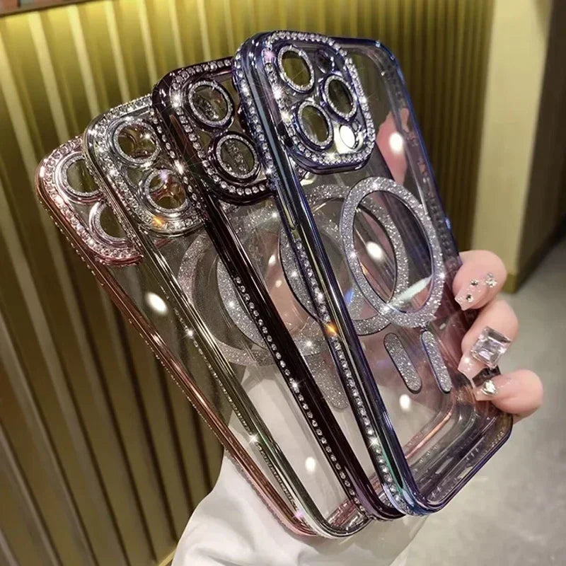2024 New Fashion Glitter Diamond Transparent Case For iPhone 16 15 14 Plus 13 12 11 Pro Max Magnetic Wireless Charge Back Cover