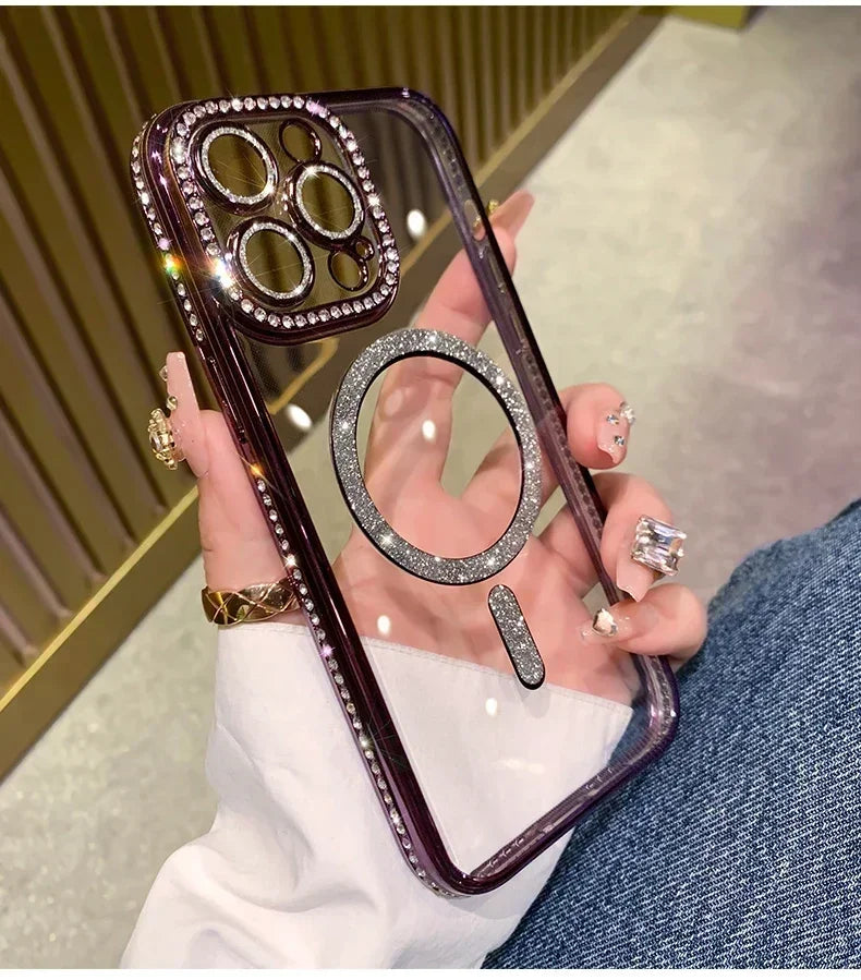 2024 New Fashion Glitter Diamond Transparent Case For iPhone 16 15 14 Plus 13 12 11 Pro Max Magnetic Wireless Charge Back Cover