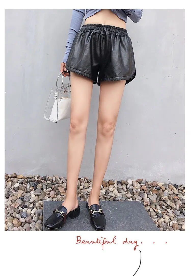 Shorts Women Ulzzang Chic Elastic Waist Pockets Loose Simple Pure Black Trendy Ins PU Leather Fall Casual 3XL Female All-match