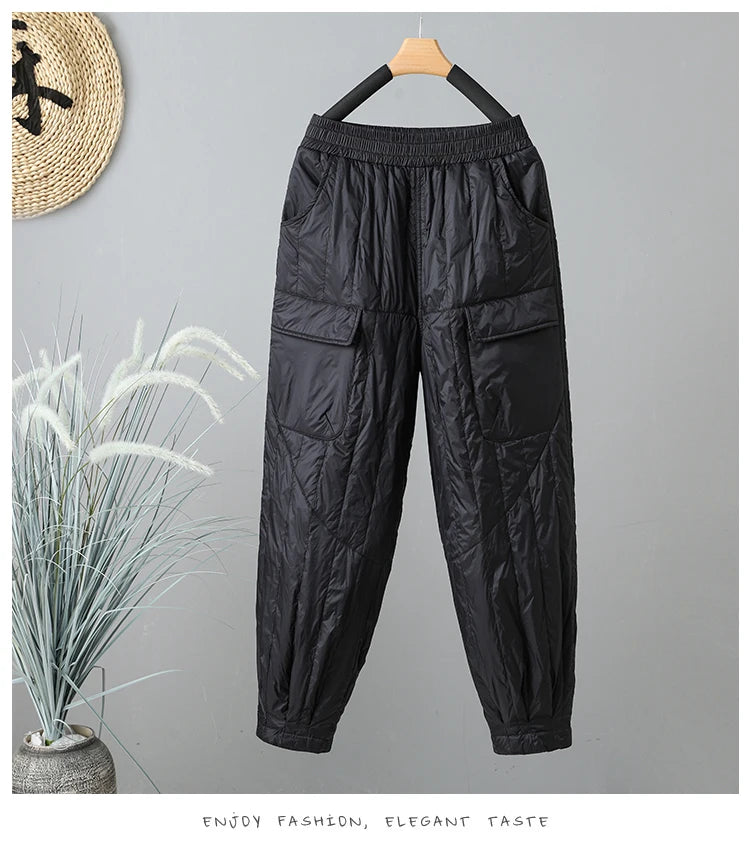 Elegant Light Weight Warm Down Cotton Trousers 2024 New Winter Outerwear Work Trousers Windproof Quilted Harem Pants for Women