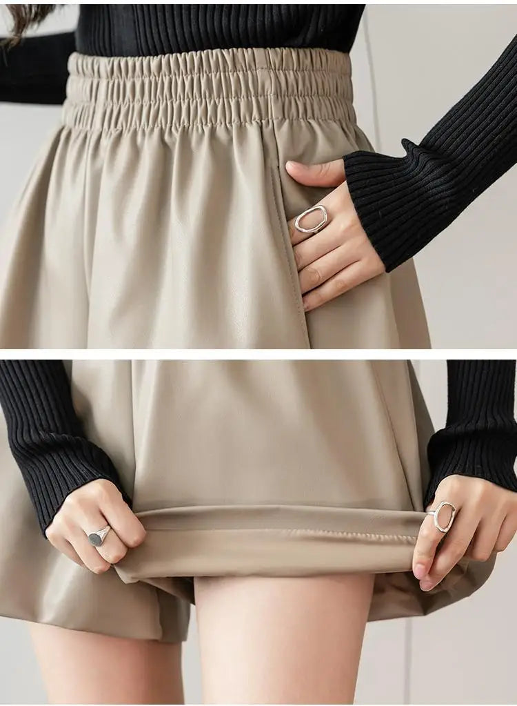 Mini Shorts Women Autumn Winter Chic Korean Elastic High Waist PU Leather Shorts Female Coffee Loose A-line Shorts S-XXL