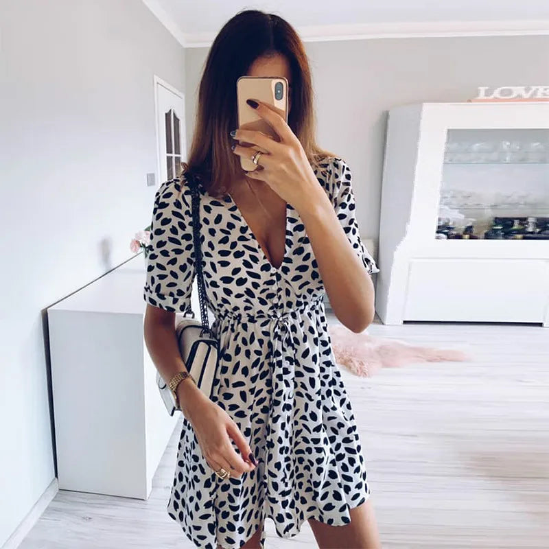 White Sand Spot Mini Summer  Women V Neck Casual Beach Sundress Sexy Botton Wrap Bodycon Dress Female