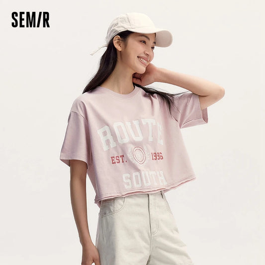 Semir Short-Sleeved T-Shirt Women Short Length American Letter Print 2024 Summer New Vintage Style Loose Fit Clothing