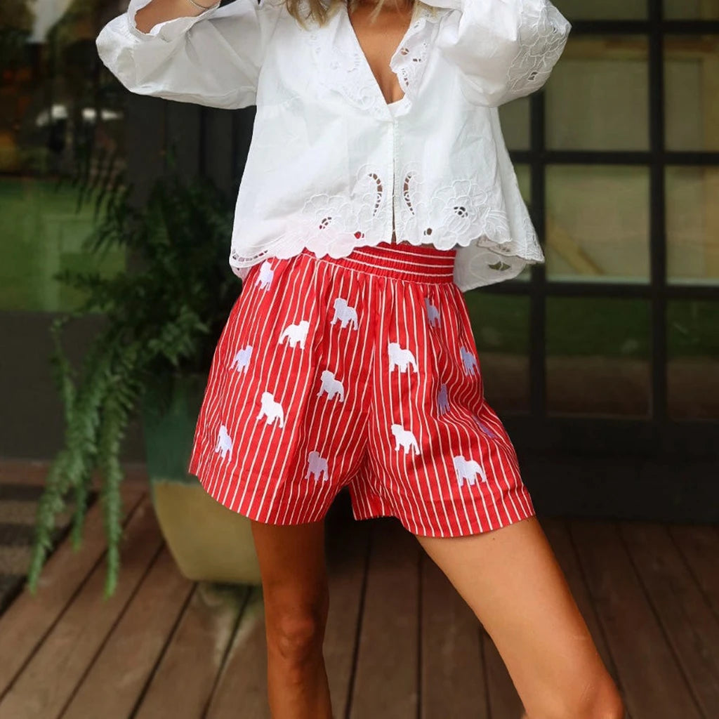 Combhasaki Womens Summer Y2K Plaid/Stripe Loose Fit Shorts Aesthetic Glass/Animal Elastic High Waist Wide Leg Loungewear Bottoms