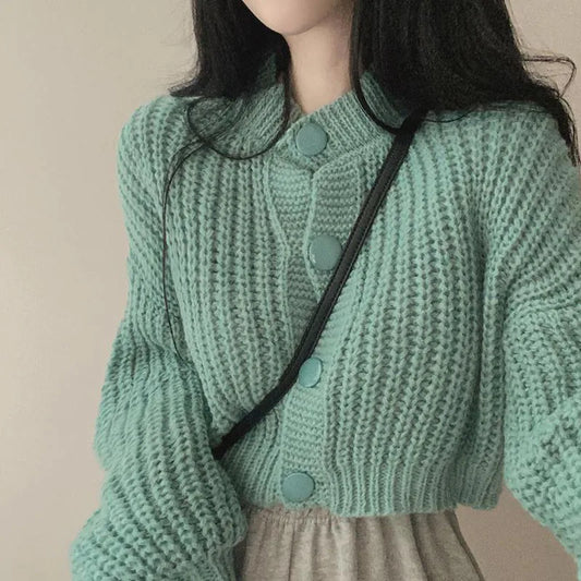 2024 Fall Winter Short Knitted Cardigan Women Thicken Warm Single-Breasted Sweater Female Solid O-Neck Long Sleeve Knitwear Coat