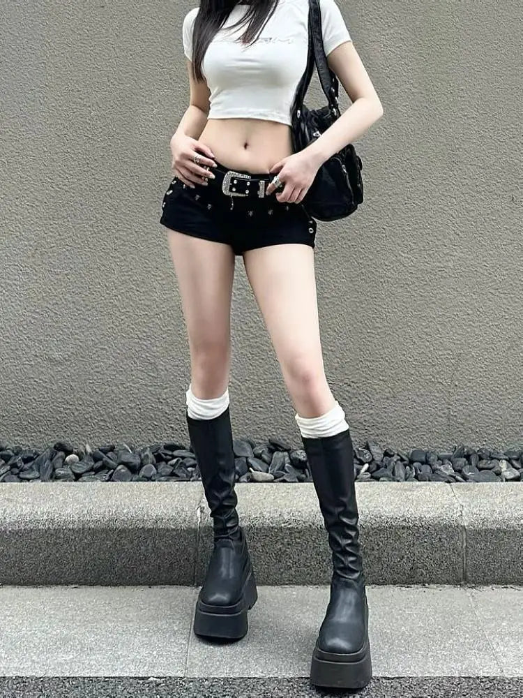 Hotsweet High Waist 2000S Black Sheath Slim Fit Y2K Denim Shorts Women's Fashion Casual Sexy Street Harajuku Style Shorts