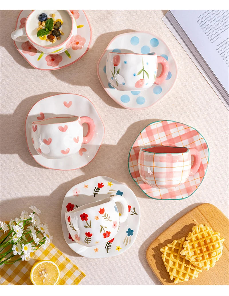 300ML Creative Hand Pinched Irregular Flower Ceramic mug Handmade Coffee Cup Breakfast Milk Afternoon tea cups Korean Style Mugs