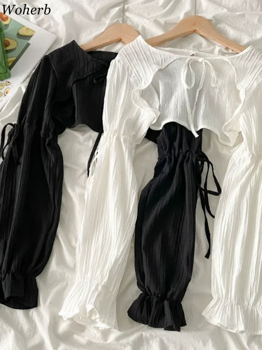 Summer Y2k Sun Protection Cardigan Women' Clothing Thin Crop Tops Bandage Long Sleeve Blouse Cape Femme Ruffles Korean Sweater