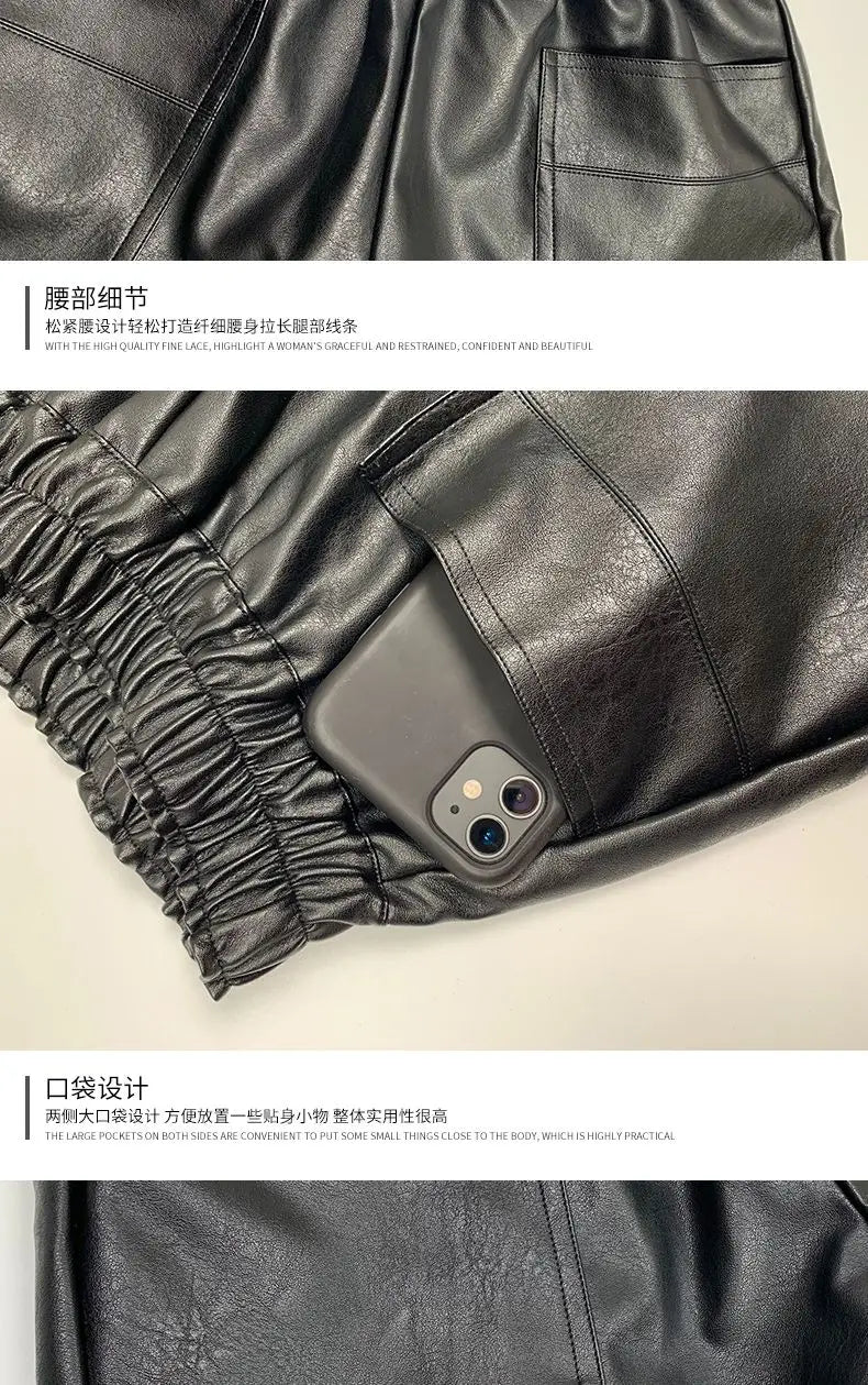 Shorts Women Ulzzang Chic Elastic Waist Pockets Loose Simple Pure Black Trendy Ins PU Leather Fall Casual 3XL Female All-match