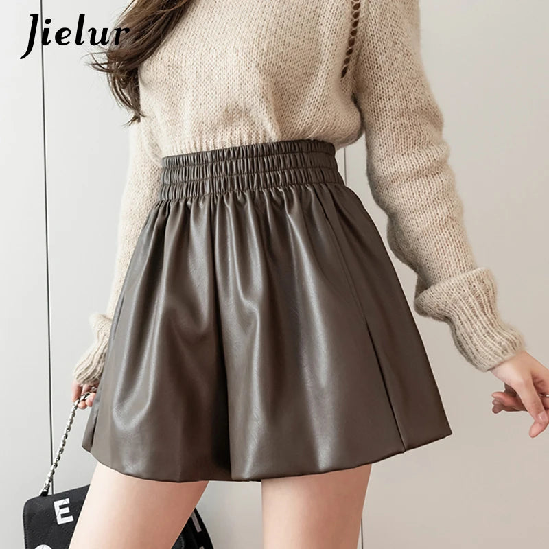 Mini Shorts Women Autumn Winter Chic Korean Elastic High Waist PU Leather Shorts Female Coffee Loose A-line Shorts S-XXL