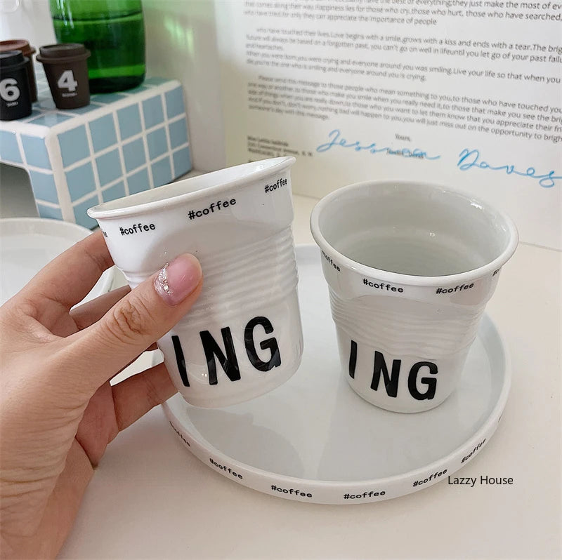 6.7oz korean style cups and mugs coffee mug white ceramic nordic wrinkle cup 200ml drinking coffe tumbler English Letter