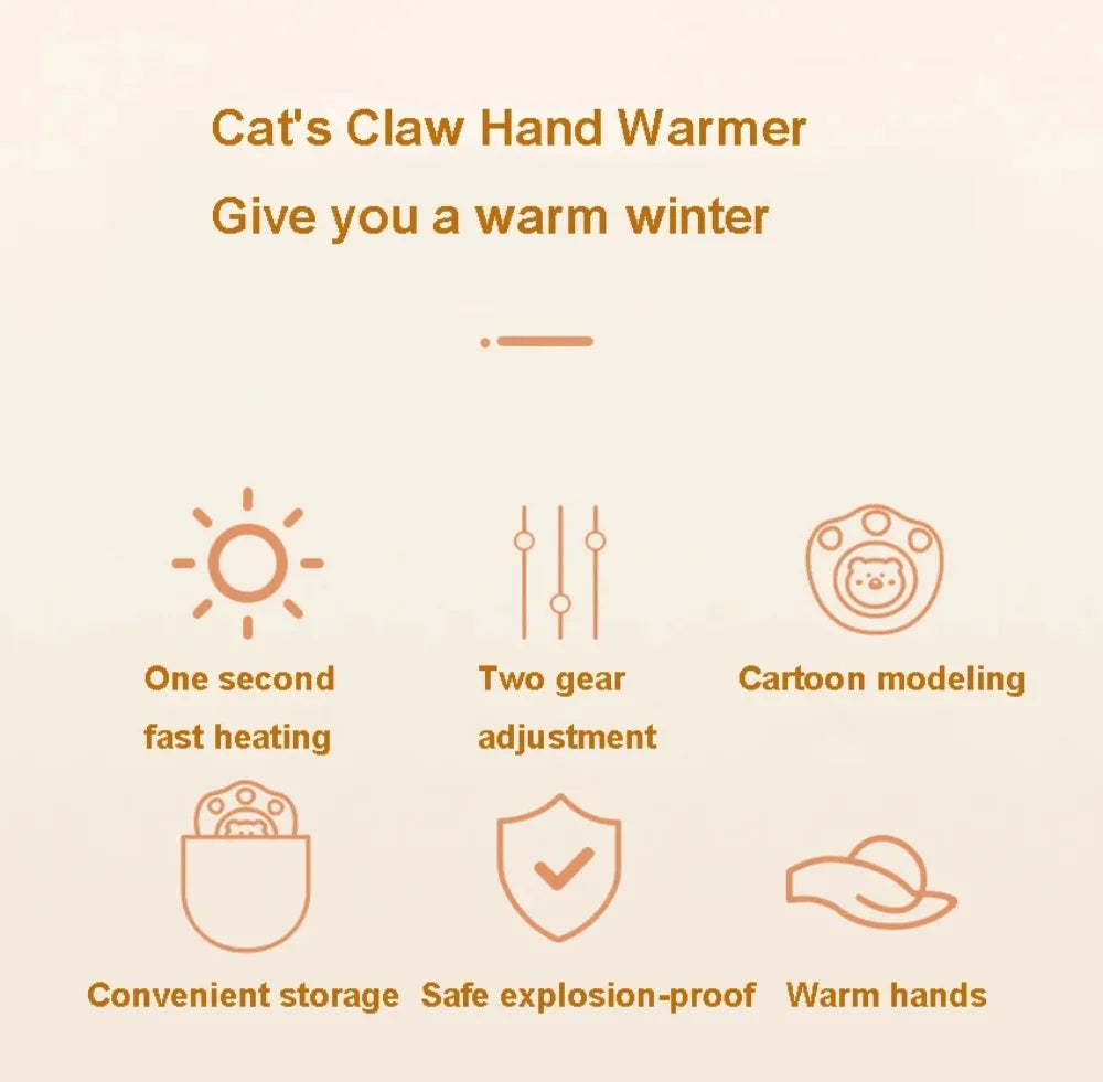 Mini Cat's Claw Hand Warmer Rechargeable Electric Heater 2 Temperatures Portable Cute Pockets Winter for Student Work USB Charge